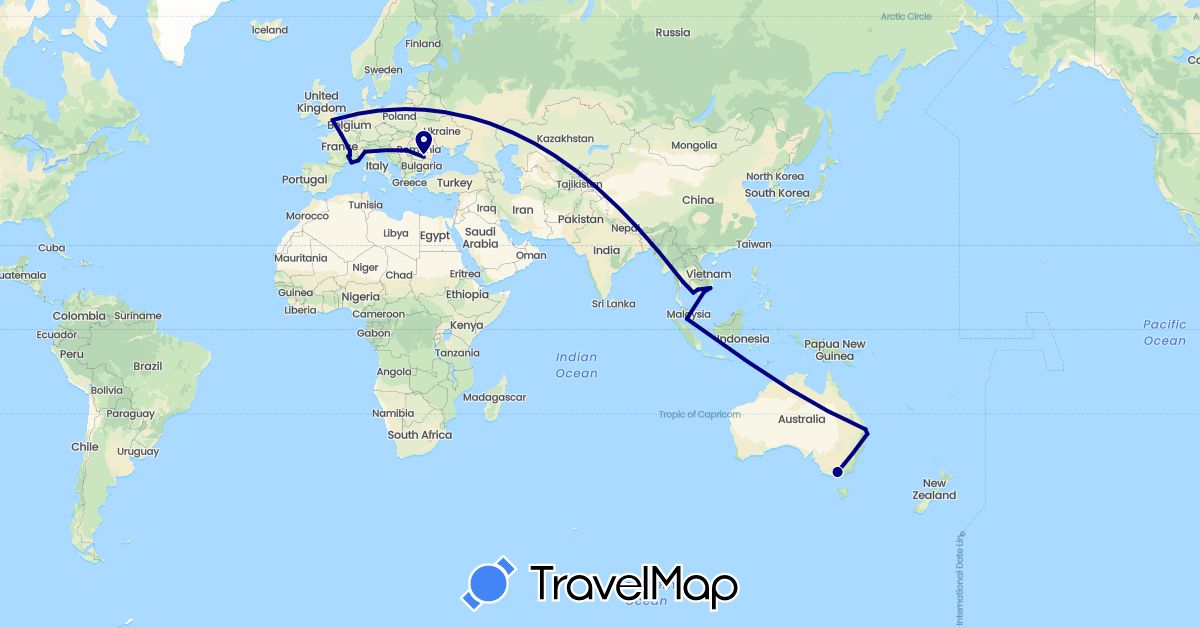 TravelMap itinerary: driving in Australia, France, United Kingdom, Italy, Cambodia, Romania, Thailand (Asia, Europe, Oceania)