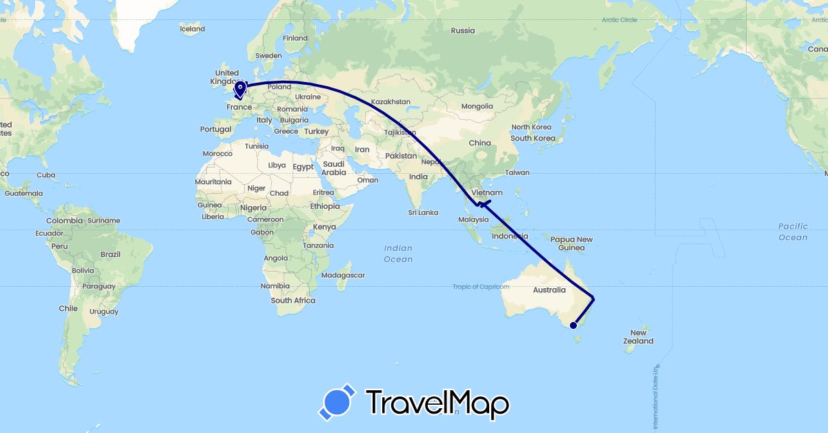 TravelMap itinerary: driving in Australia, Belgium, France, United Kingdom, Cambodia, Netherlands, Thailand, Vietnam (Asia, Europe, Oceania)