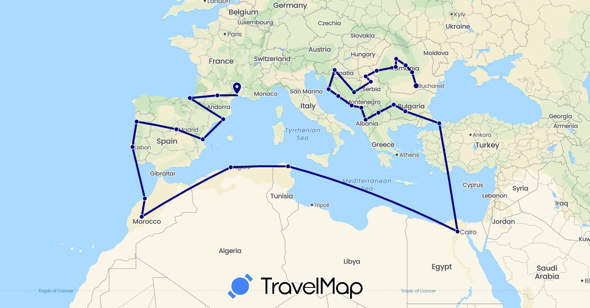TravelMap itinerary: driving in Albania, Bosnia and Herzegovina, Bulgaria, Algeria, Egypt, Spain, France, Croatia, Morocco, Montenegro, Macedonia, Portugal, Romania, Serbia, Tunisia, Turkey (Africa, Asia, Europe)