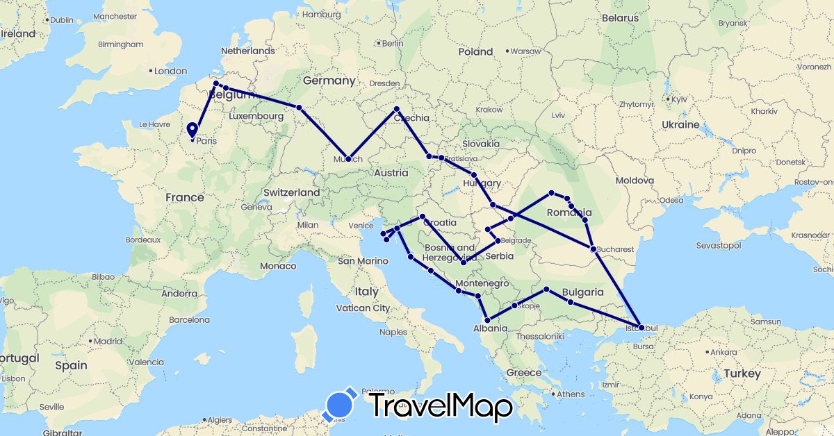 TravelMap itinerary: driving in Albania, Austria, Bosnia and Herzegovina, Belgium, Bulgaria, Czech Republic, Germany, France, Croatia, Hungary, Montenegro, Macedonia, Romania, Serbia, Slovakia, Turkey (Asia, Europe)