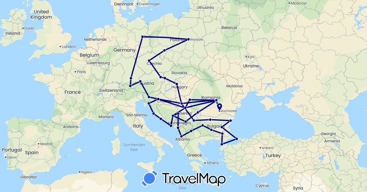TravelMap itinerary: driving in Albania, Austria, Bosnia and Herzegovina, Bulgaria, Czech Republic, Germany, Croatia, Hungary, Montenegro, Macedonia, Poland, Romania, Serbia, Slovenia, Slovakia, Turkey (Asia, Europe)